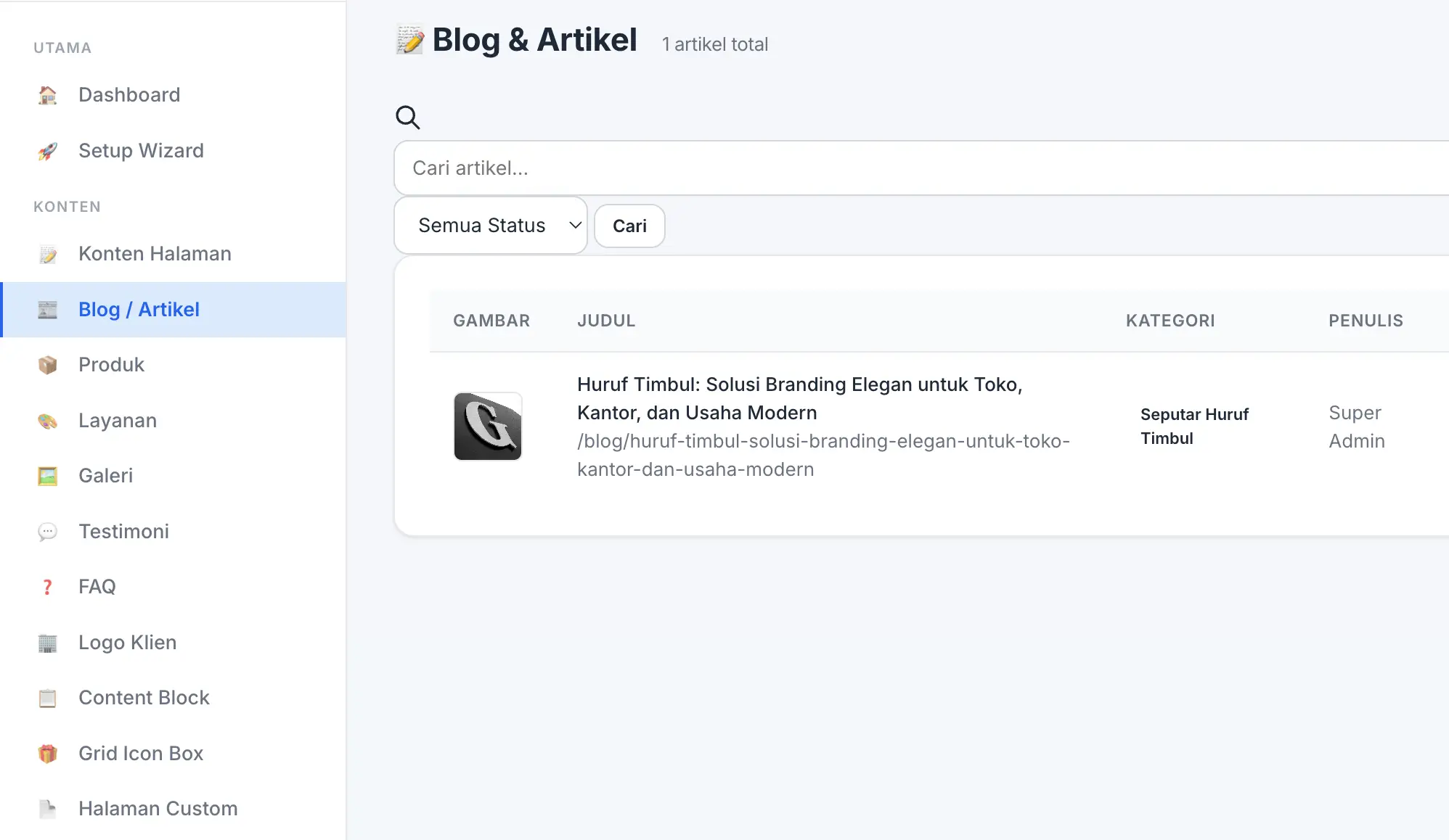 Fitur Blog & Artikel di panel admin Web Ekonomis