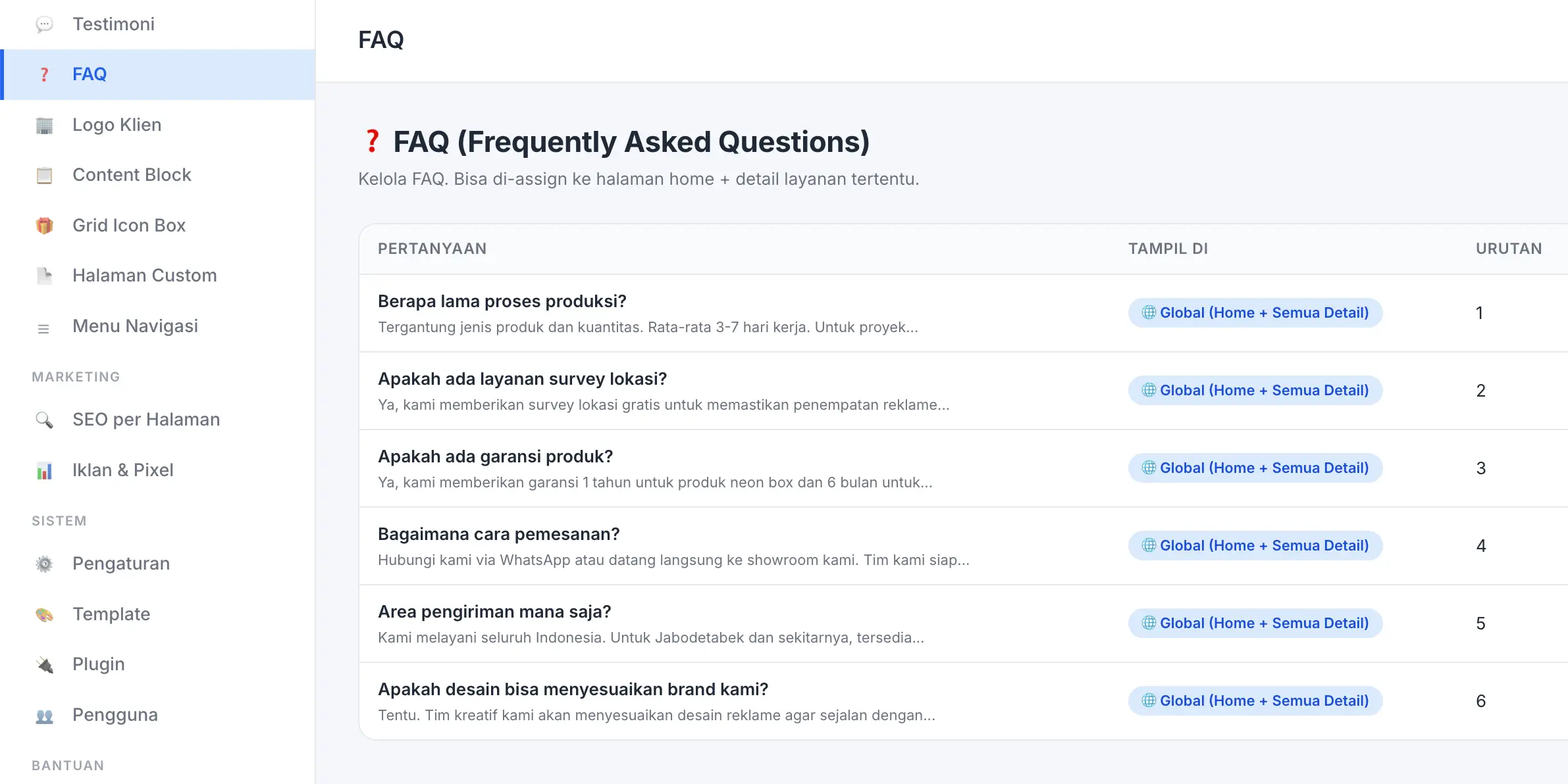 Fitur FAQ (Tanya Jawab) di panel admin Web Ekonomis