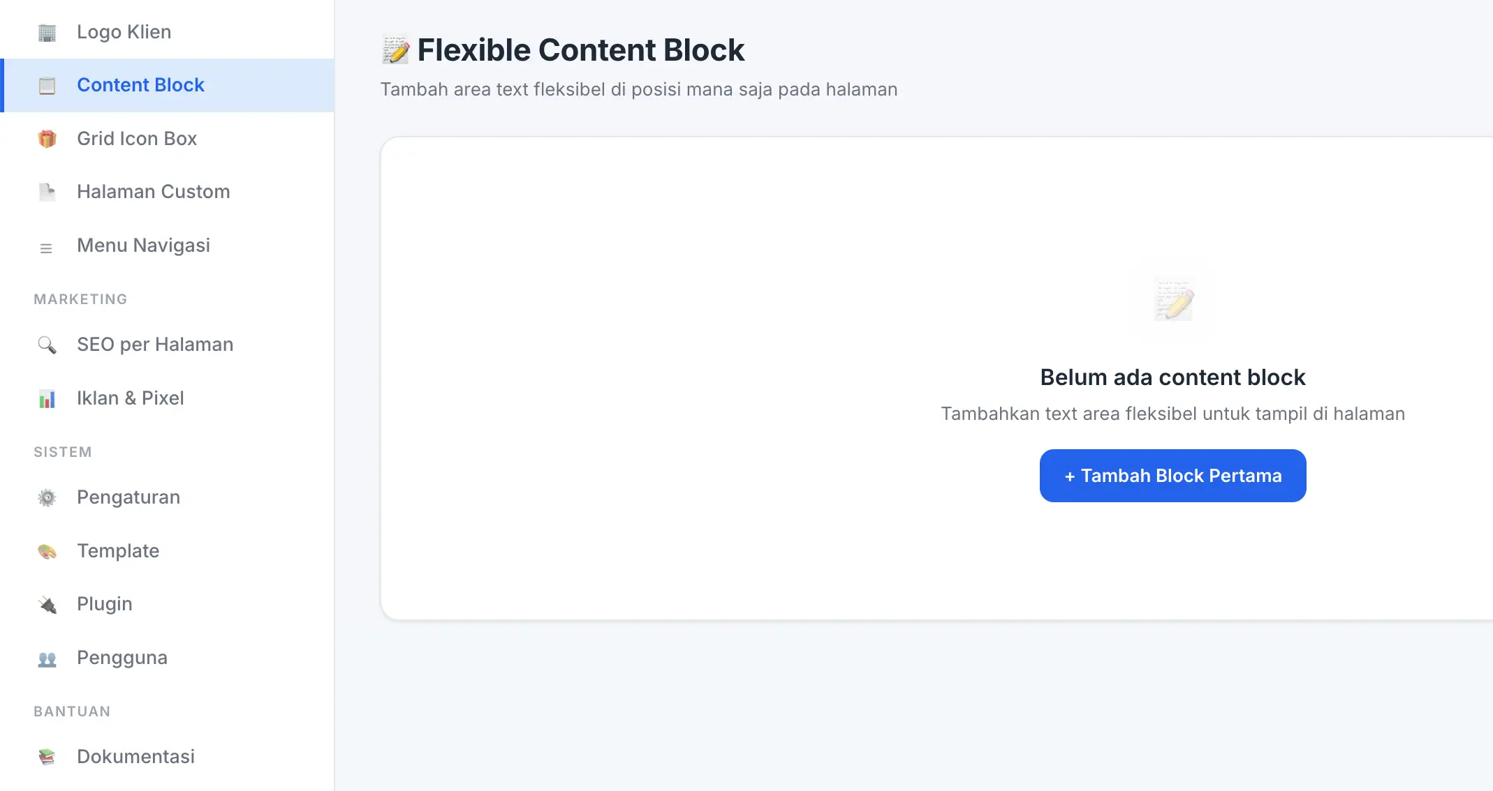 Fitur Flexible Content Block di panel admin Web Ekonomis