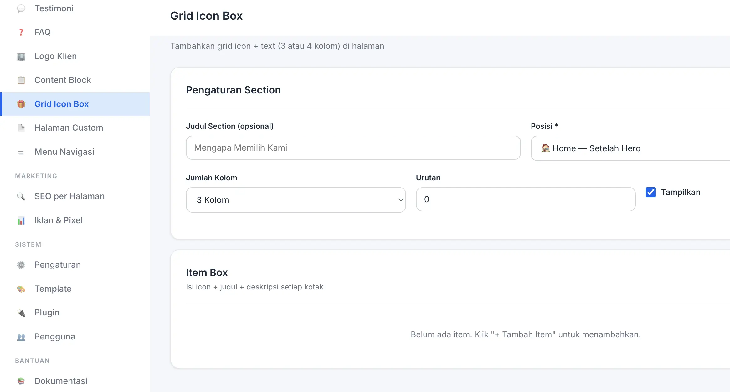 Fitur Grid Box di panel admin Web Ekonomis