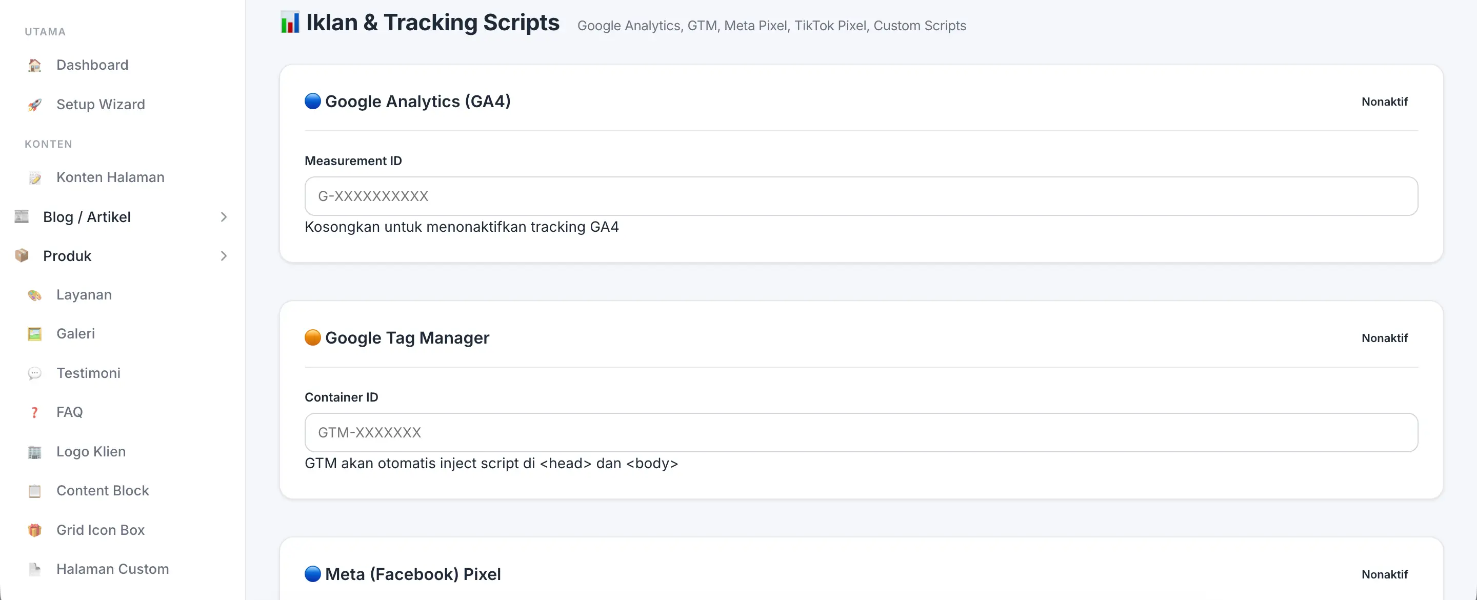 Fitur Iklan & Tracking Scripts di panel admin Web Ekonomis