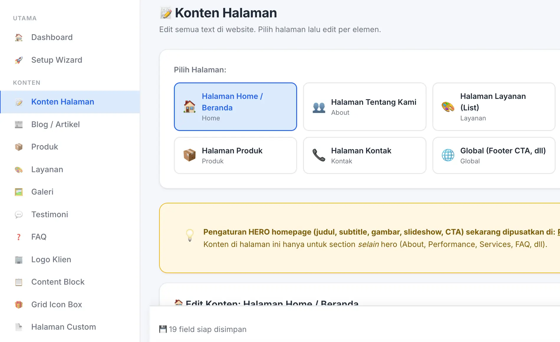 Fitur Konten Halaman di panel admin Web Ekonomis