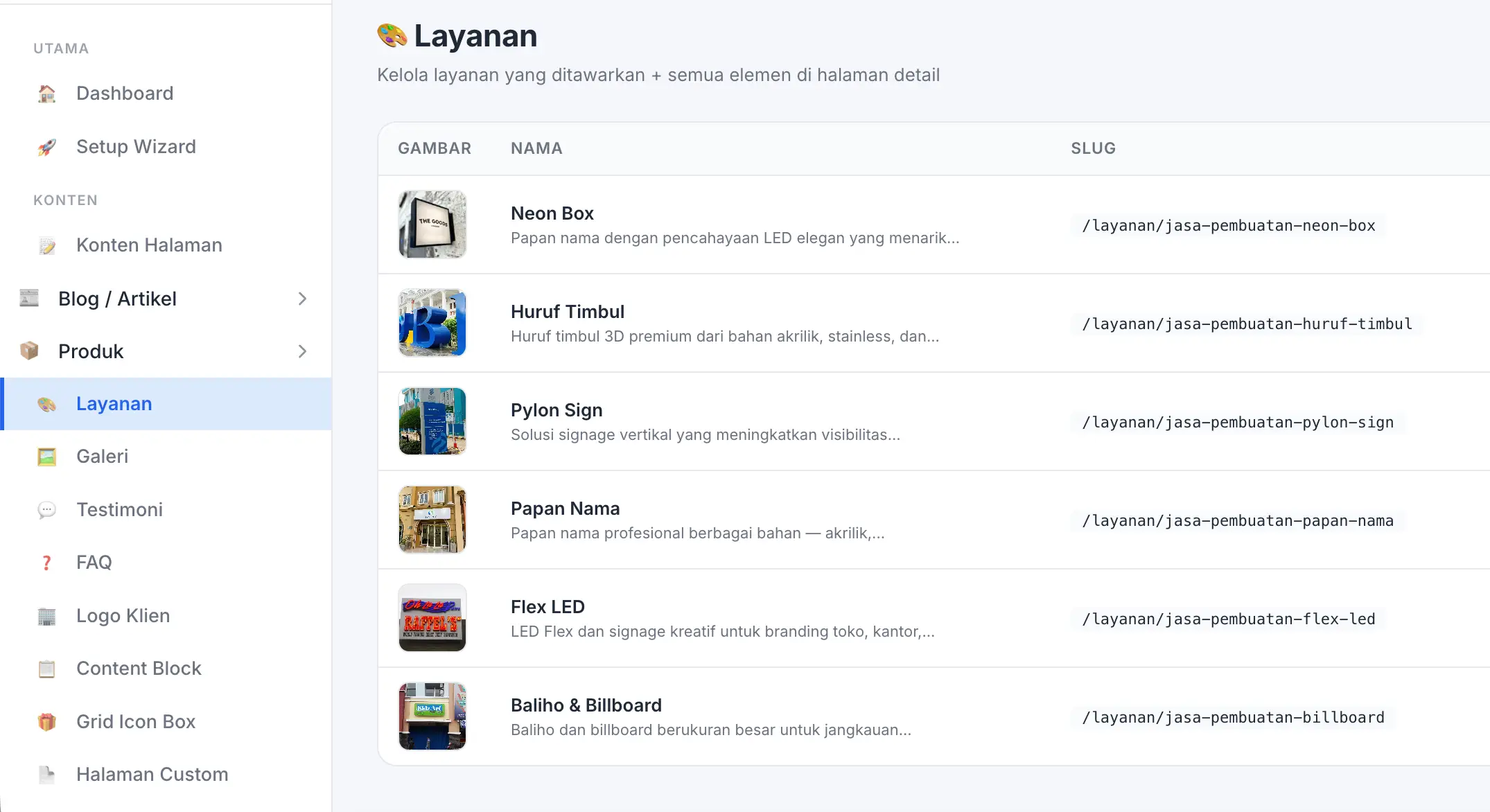 Fitur Layanan di panel admin Web Ekonomis