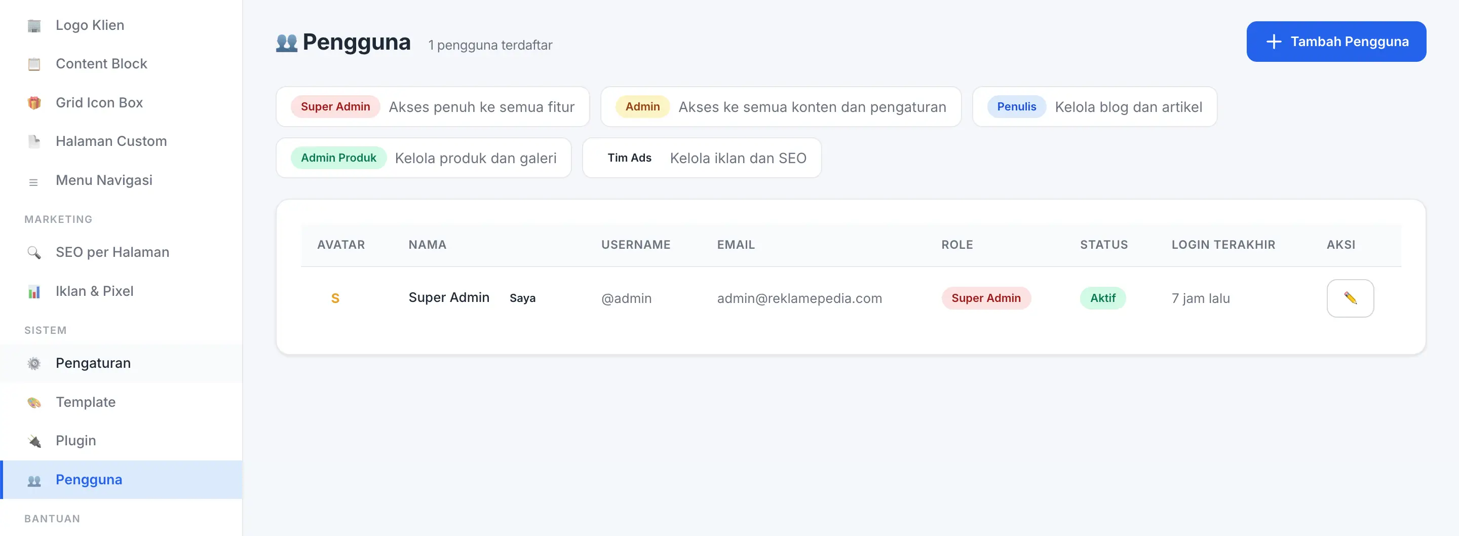 Fitur Manajemen User di panel admin Web Ekonomis