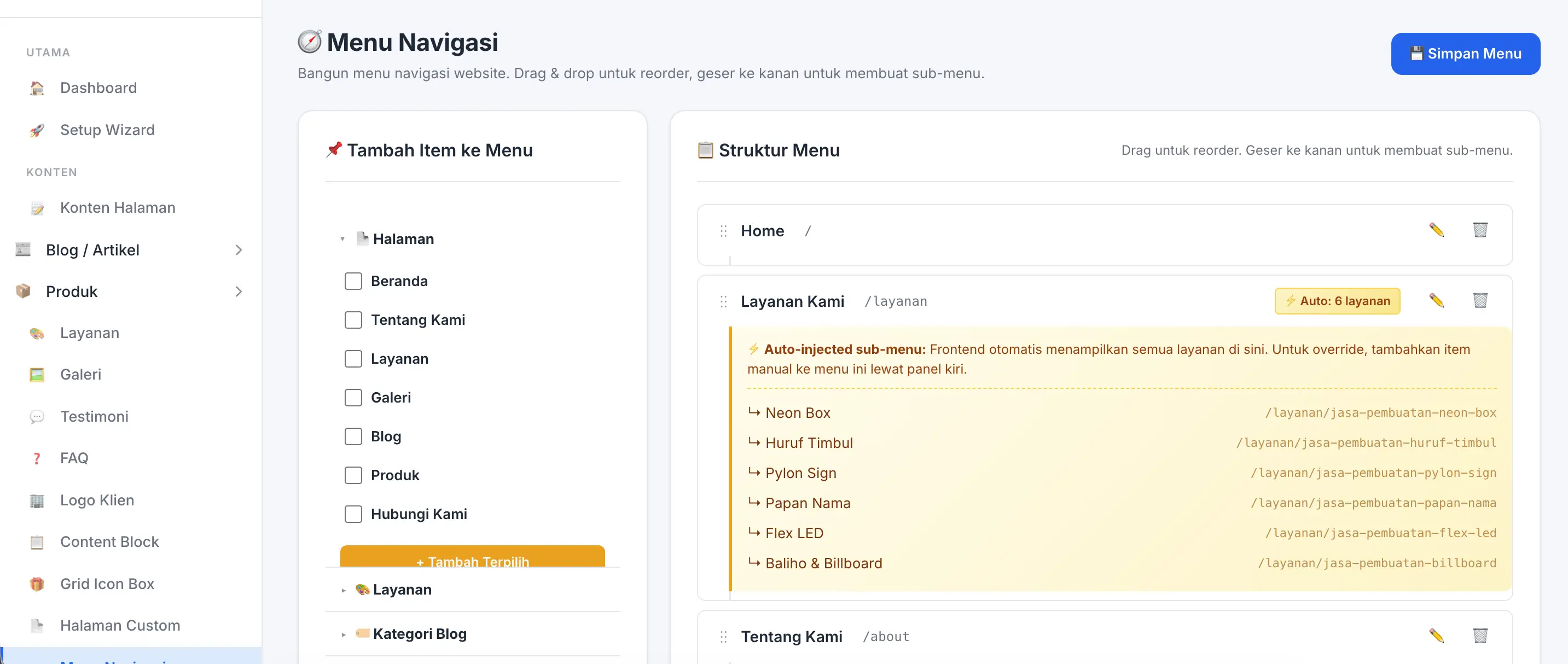 Fitur Menu Navigasi di panel admin Web Ekonomis