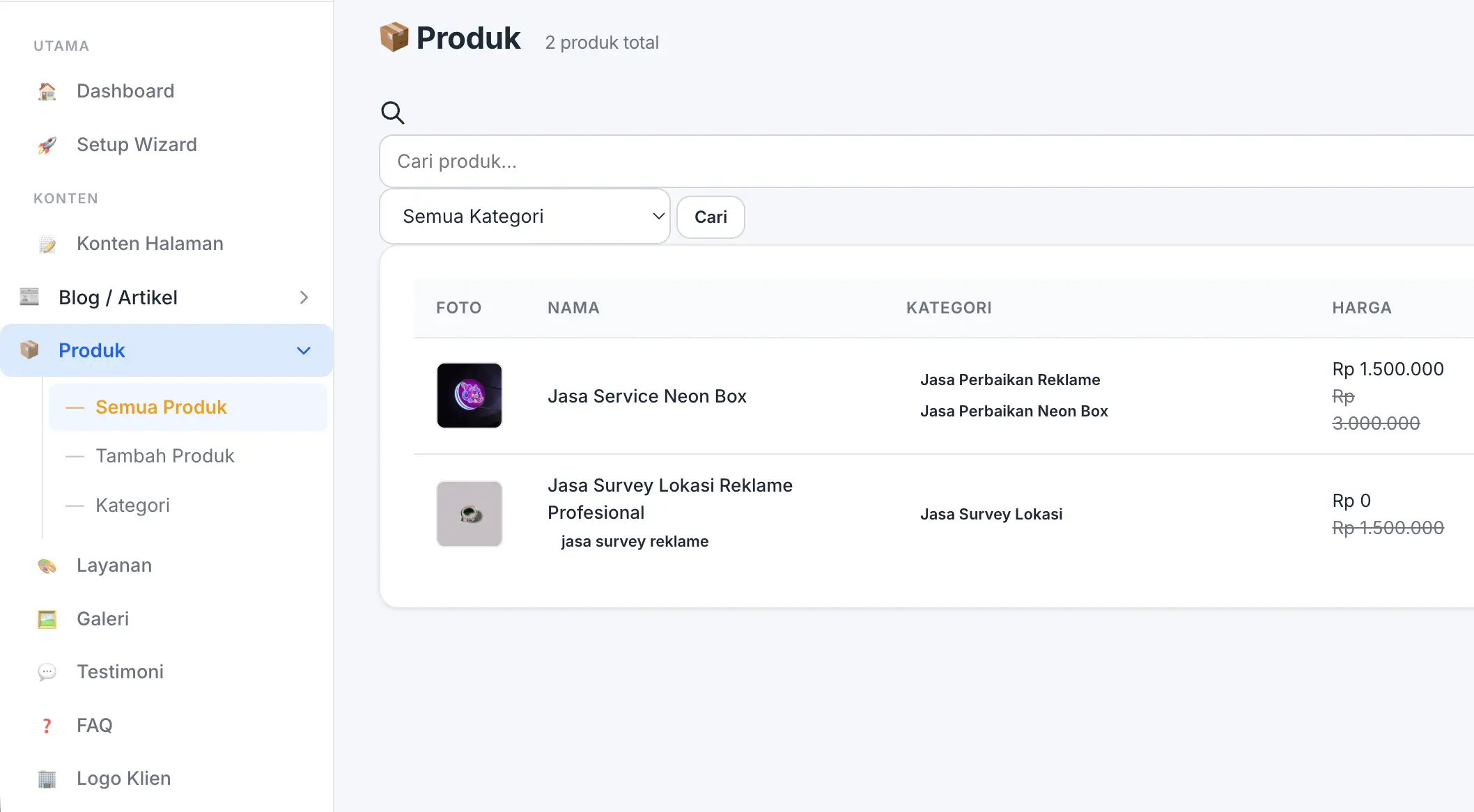 Fitur Produk di panel admin Web Ekonomis
