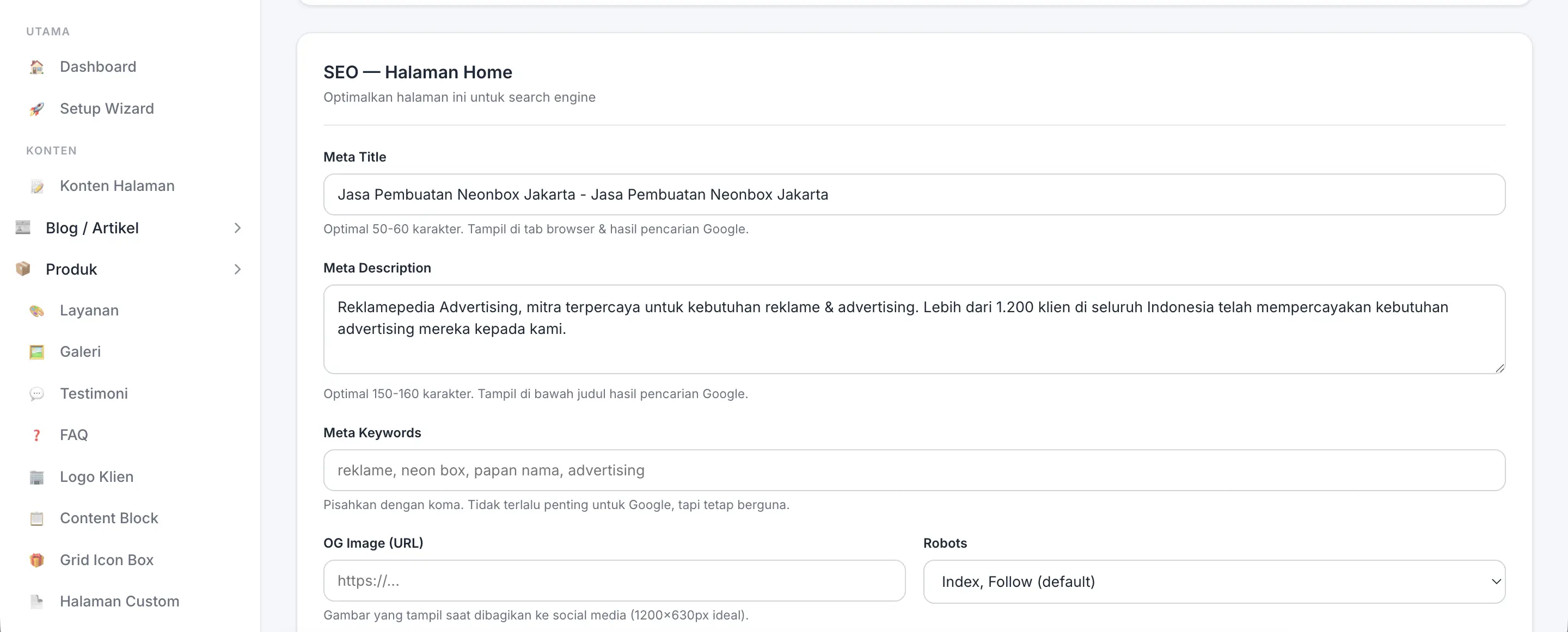 Fitur SEO Halaman di panel admin Web Ekonomis