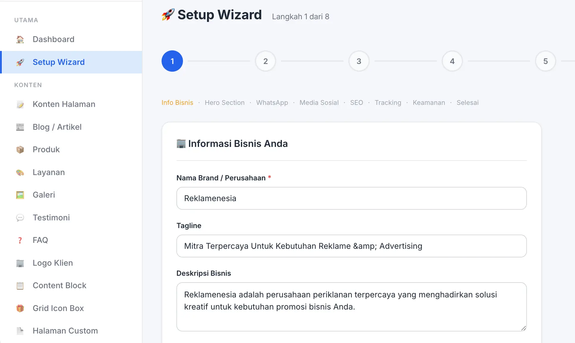 Fitur Setup Wizard di panel admin Web Ekonomis