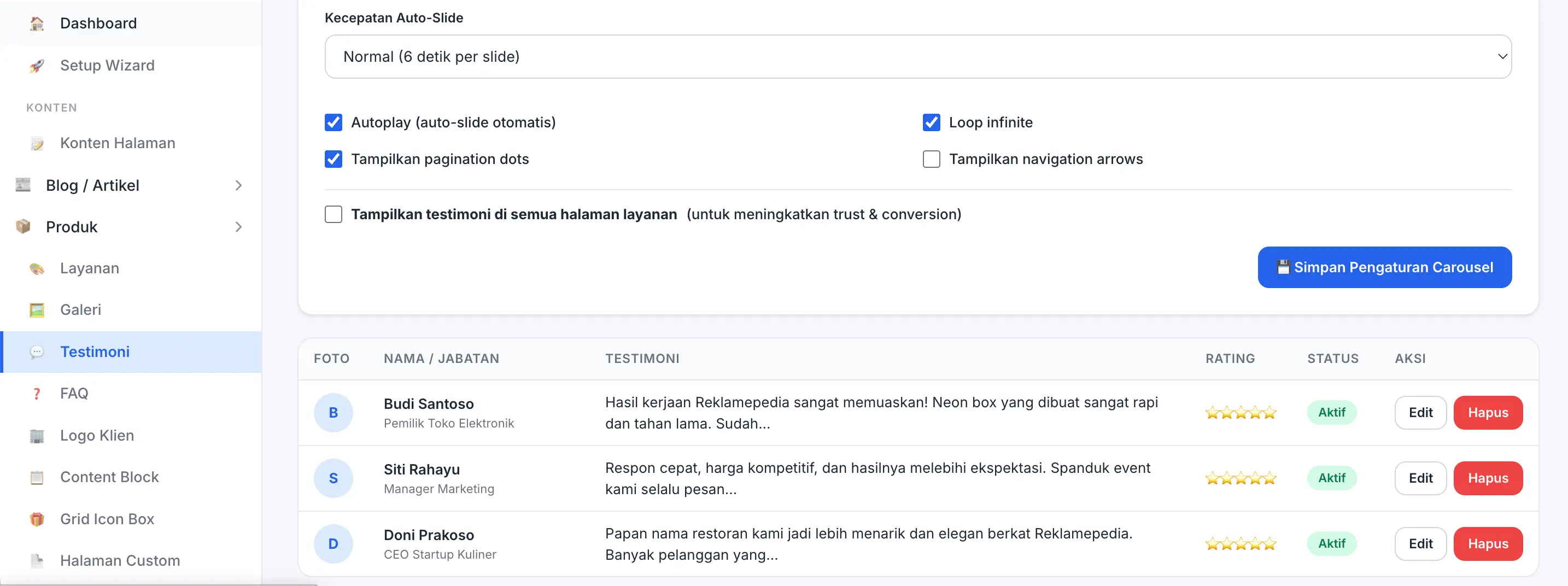 Fitur Testimoni Pelanggan di panel admin Web Ekonomis