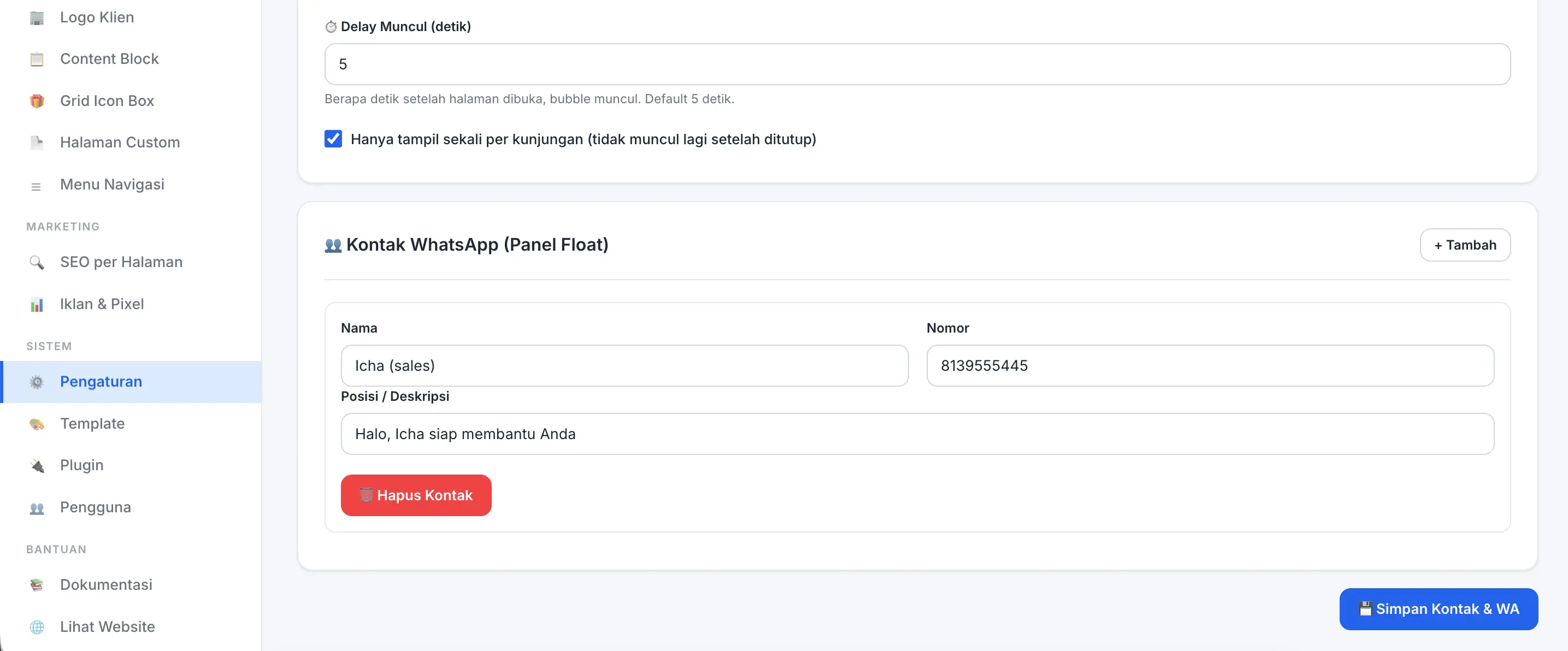 Fitur WhatsApp Floating Button di panel admin Web Ekonomis